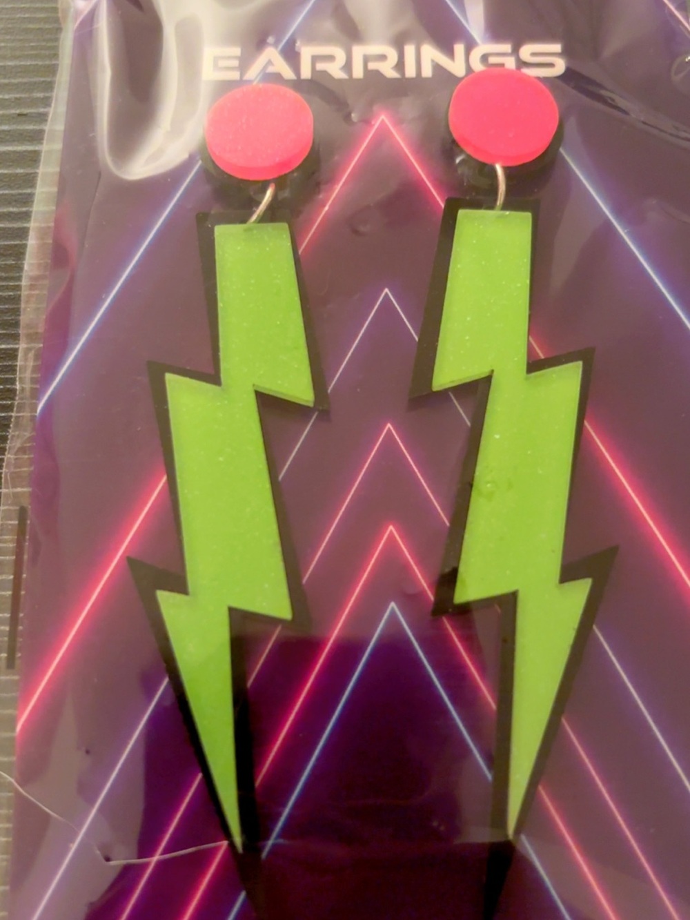 Spirit Neon Green Lightning Bolt Earrings with Pink Studs